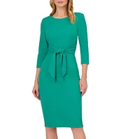 Adrianna Papell Stretch Crepe Crew Neck Tie Waist 3/4 Sleeve Midi Sheath Dress