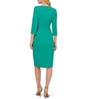 Adrianna Papell Stretch Crepe Crew Neck Tie Waist 3/4 Sleeve Midi Sheath Dress