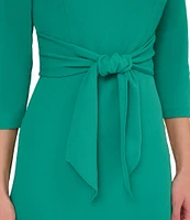 Adrianna Papell Stretch Crepe Crew Neck Tie Waist 3/4 Sleeve Midi Sheath Dress