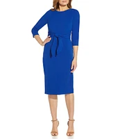 Adrianna Papell Stretch Crepe Crew Neck Tie Waist 3/4 Sleeve Midi Sheath Dress