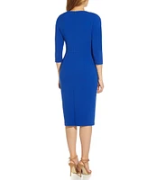 Adrianna Papell Stretch Crepe Crew Neck Tie Waist 3/4 Sleeve Midi Sheath Dress