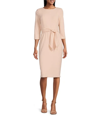 Adrianna Papell Stretch Crepe Crew Neck Tie Waist 3/4 Sleeve Midi Sheath Dress