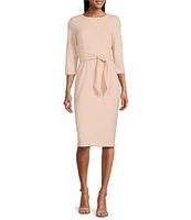 Adrianna Papell Stretch Crepe Crew Neck Tie Waist 3/4 Sleeve Midi Sheath Dress