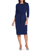 Adrianna Papell Stretch Crepe Crew Neck Tie Waist 3/4 Sleeve Midi Sheath Dress