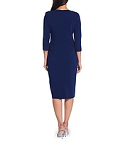 Adrianna Papell Stretch Crepe Crew Neck Tie Waist 3/4 Sleeve Midi Sheath Dress