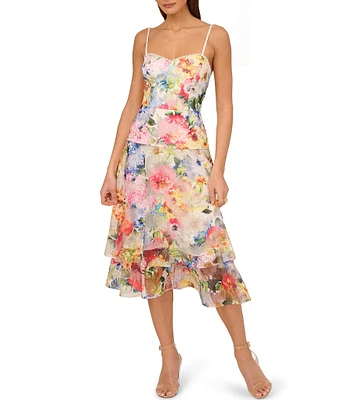 Adrianna by Adrianna Papell Knit Floral Embroidered Sweetheart Neck Sleeveless Drop Waist Tiered Midi Dress