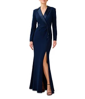 Adrianna Papell Long Sleeve Notch Lapel Surplice V-Neck Front Slit Crepe Tuxedo Wrap Gown