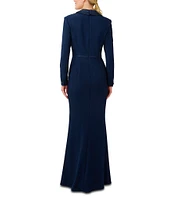 Adrianna Papell Long Sleeve Notch Lapel Surplice V-Neck Front Slit Crepe Tuxedo Wrap Gown