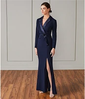 Adrianna Papell Long Sleeve Notch Lapel Surplice V-Neck Front Slit Crepe Tuxedo Wrap Gown