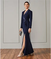 Adrianna Papell Long Sleeve Notch Lapel Surplice V-Neck Front Slit Crepe Tuxedo Wrap Gown