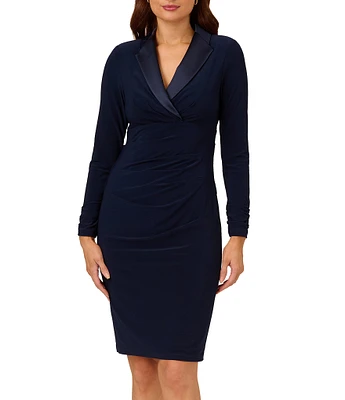 Adrianna Papell Long Sleeve Stretch Satin Lapel Tuxedo Dress