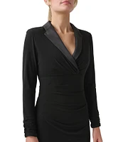 Adrianna Papell Long Sleeve Stretch Satin Lapel Tuxedo Dress