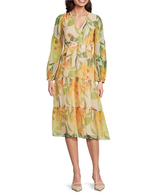 Adrianna Papell Long Sleeve V-Neck Floral Printed Organza A-Line Midi Dress