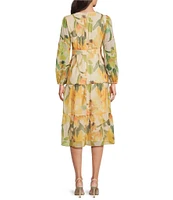 Adrianna Papell Long Sleeve V-Neck Floral Printed Organza A-Line Midi Dress