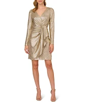 Adrianna Papell Long Sleeve V-Neck Metallic Foiled Knit Draped Dress