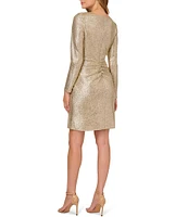 Adrianna Papell Long Sleeve V-Neck Metallic Foiled Knit Draped Dress