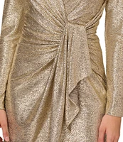 Adrianna Papell Long Sleeve V-Neck Metallic Foiled Knit Draped Dress