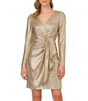 Adrianna Papell Long Sleeve V-Neck Metallic Foiled Knit Draped Dress