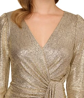 Adrianna Papell Long Sleeve V-Neck Metallic Foiled Knit Draped Dress