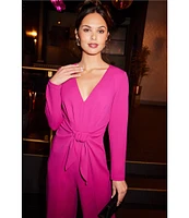 Adrianna Papell Long Sleeve V-Neck Tie Front Jumpsuit