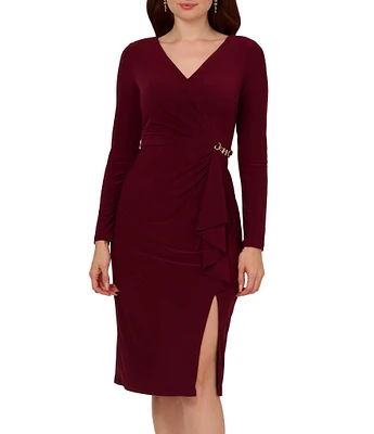 Adrianna Papell Matte Jersey Sheath Surplice Neckline Long Sleeve Side Buckle Detail Midi Dress