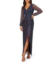 Adrianna Papell Mesh Metallic Sheath Surplice Neckline Long Mesh Sleeves Metallic Gown