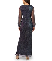 Adrianna Papell Mesh Metallic Sheath Surplice Neckline Long Mesh Sleeves Metallic Gown