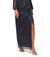 Adrianna Papell Mesh Metallic Sheath Surplice Neckline Long Mesh Sleeves Metallic Gown