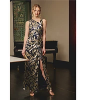 Adrianna Papell Metallic Asymmetrical Neck Sleeveless Gown