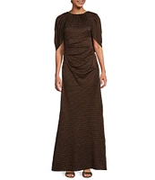 Adrianna Papell Metallic Boat Neck Cape Sleeve Gown