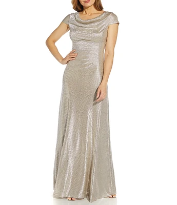 Adrianna Papell Glitter Cowl Neck Draped Back Cap Sleeve A-Line Gown