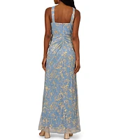 Adrianna Papell Metallic Crinkle Chiffon Halter Front Keyhole Column Gown