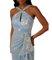 Adrianna Papell Metallic Crinkle Chiffon Halter Front Keyhole Column Gown