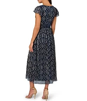 Adrianna Papell Metallic Crinkle Mesh Floral V-Neck Flutter Sleeve Midi Dress