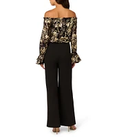 Adrianna Papell Metallic Floral Lace Off-the-Shoulder Long Sleeve Straight Leg Jumpsuit