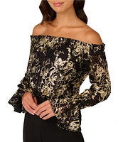 Adrianna Papell Metallic Floral Lace Off-the-Shoulder Long Sleeve Straight Leg Jumpsuit