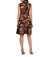 Adrianna Papell Metallic Jacquard Scoop Collar Neck Sleeveless Pleated Dress