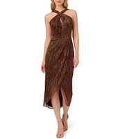 Adrianna Papell Metallic Knit Twist Keyhole Halter Neck Sleeveless Wrap Skirt Tulip Hem Midi Dress