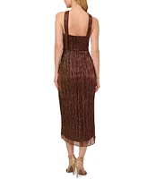 Adrianna Papell Metallic Knit Twist Keyhole Halter Neck Sleeveless Wrap Skirt Tulip Hem Midi Dress