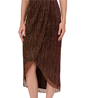 Adrianna Papell Metallic Knit Twist Keyhole Halter Neck Sleeveless Wrap Skirt Tulip Hem Midi Dress