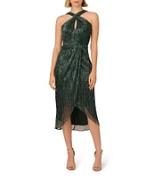 Adrianna Papell Metallic Knit Twist Keyhole Halter Neck Sleeveless Wrap Skirt Tulip Hem Midi Dress