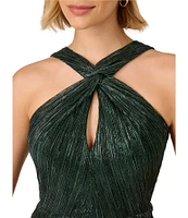 Adrianna Papell Metallic Knit Twist Keyhole Halter Neck Sleeveless Wrap Skirt Tulip Hem Midi Dress