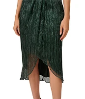 Adrianna Papell Metallic Knit Twist Keyhole Halter Neck Sleeveless Wrap Skirt Tulip Hem Midi Dress