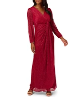 Adrianna Papell Metallic Long Sleeve Surplice V-Neck Ruched Detailed Draped Gown