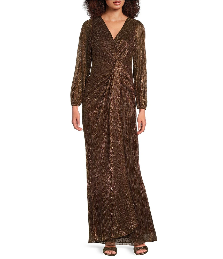 Adrianna Papell Metallic Long Sleeve Surplice V-Neck Ruched Detailed Draped Gown