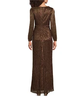 Adrianna Papell Metallic Long Sleeve Surplice V-Neck Ruched Detailed Draped Gown