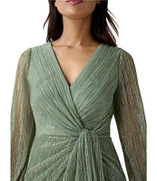 Adrianna Papell Metallic Long Sleeve Surplice V-Neck Ruched Detailed Draped Gown