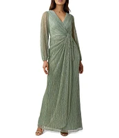 Adrianna Papell Metallic Long Sleeve Surplice V-Neck Ruched Detailed Draped Gown