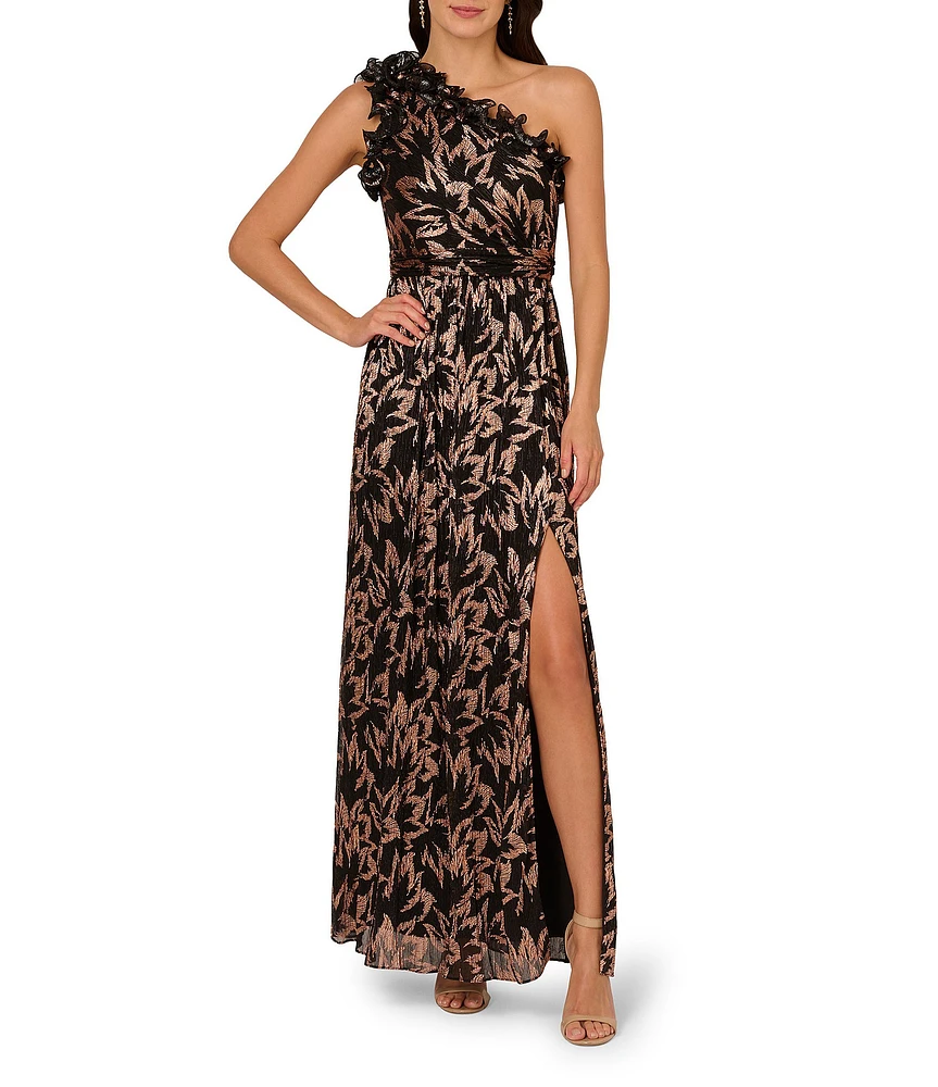 Adrianna Papell Metallic Printed Crinkle Chiffon Ruffle One Shoulder Sleeveless Side Slit Gown