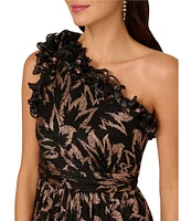 Adrianna Papell Metallic Printed Crinkle Chiffon Ruffle One Shoulder Sleeveless Side Slit Gown